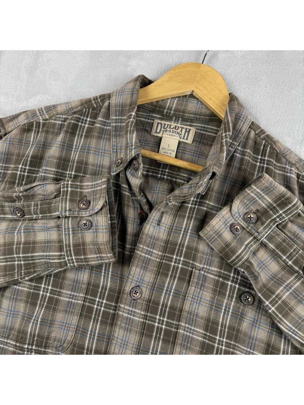 Duluth Trading Co Plaid Button Front Shirt Men Large Brown Cotton Workwear Retro